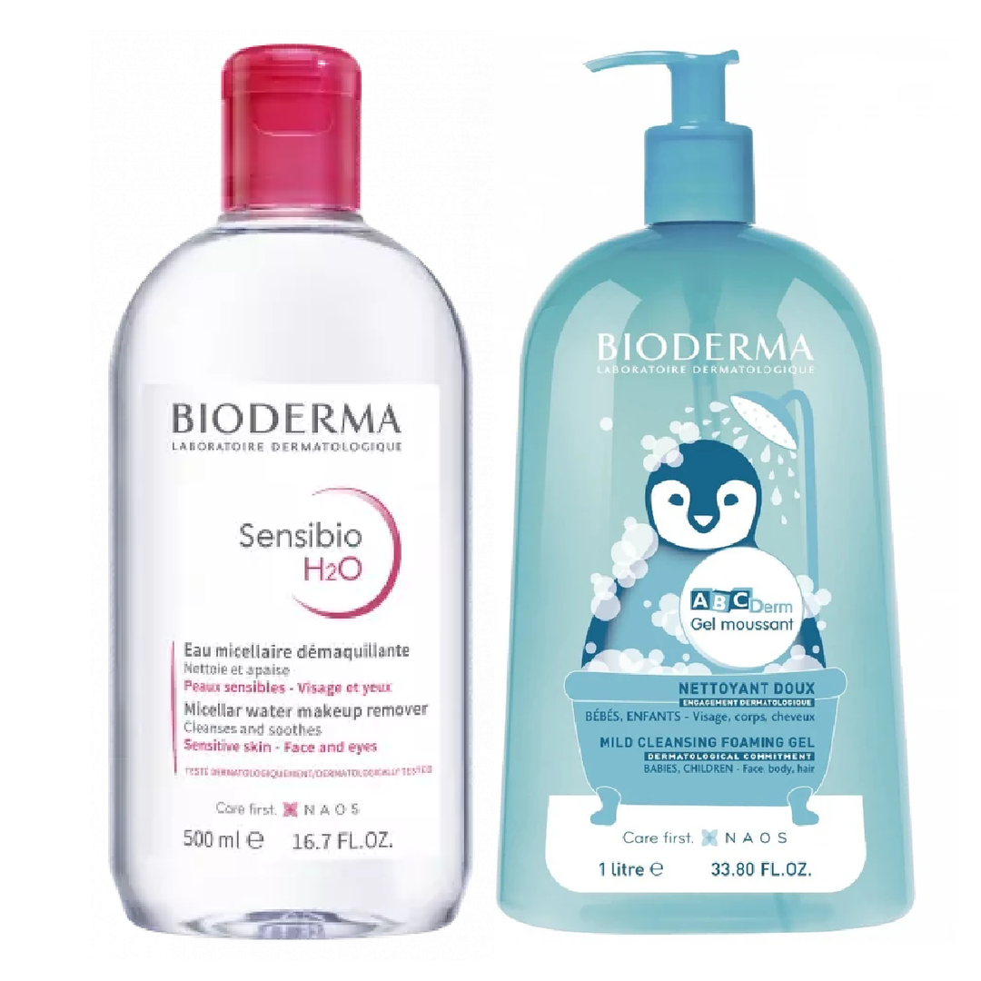 Bioderma Sensibio H2O Micellar water, 500ml + ABCDerm Mild Cleansing Foaming Gel, 1000ML