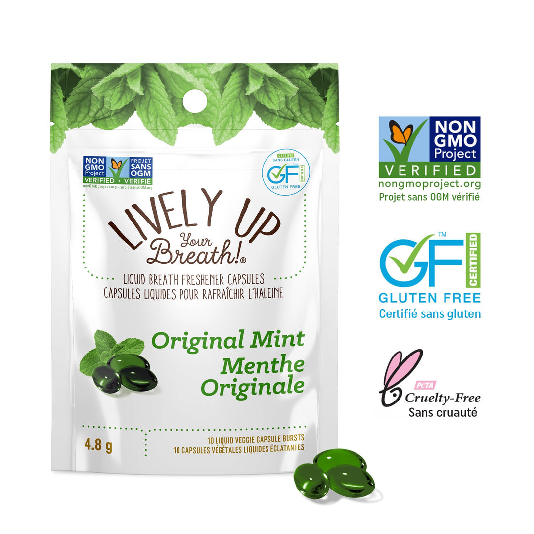 Back label of Lively Up Your Breath Original Mint Chew, 12/display - Lively Up Your Breath showing product details
