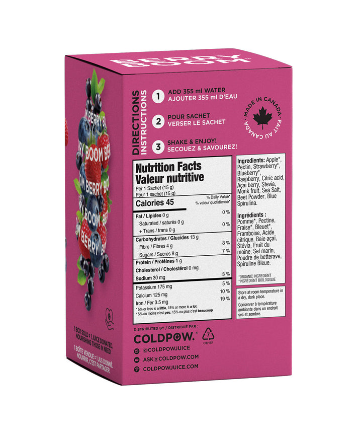 Back label of Coldpow Drinks Berry Boom, 35g x4 - Coldpow Drinks showing product details