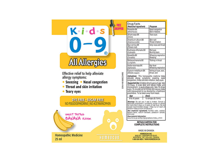 Back label of Homeocan - Kids 0-9 Allergies, 25 Ml showing product details