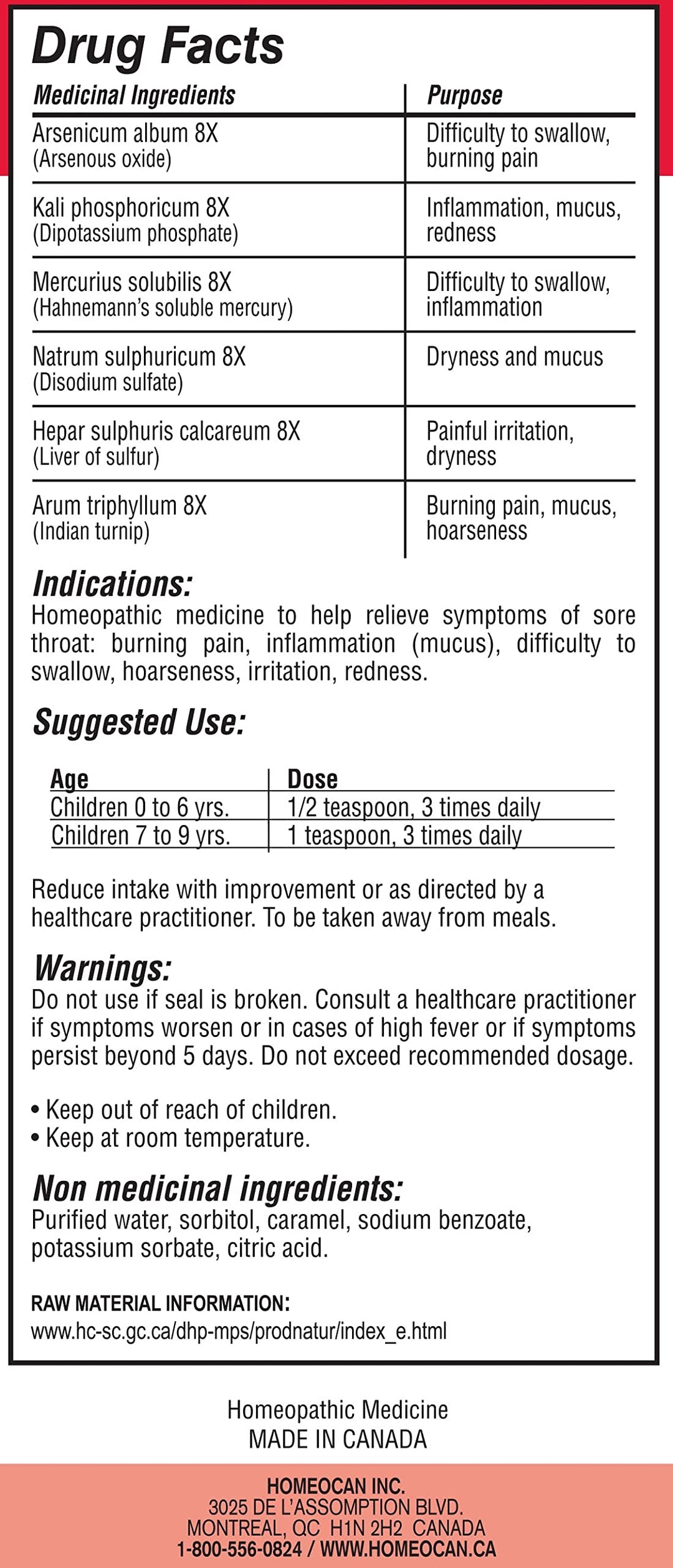 Back label of Homeocan - Kids 0-9 Throat Ease 100ml showing product details