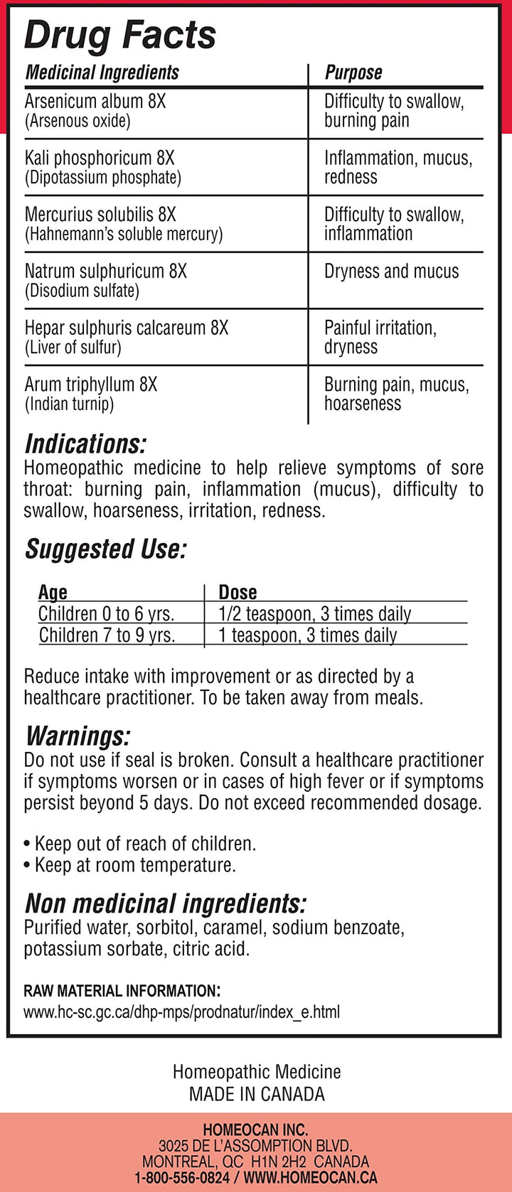 Back label of Homeocan - Kids 0-9 Throat Ease 100ml showing product details