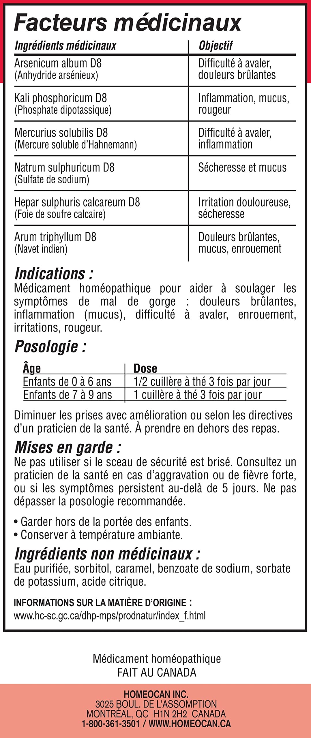 Ingredients list for Homeocan - Kids 0-9 Throat Ease 100ml