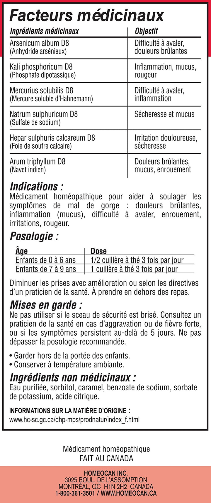 Ingredients list for Homeocan - Kids 0-9 Throat Ease 100ml