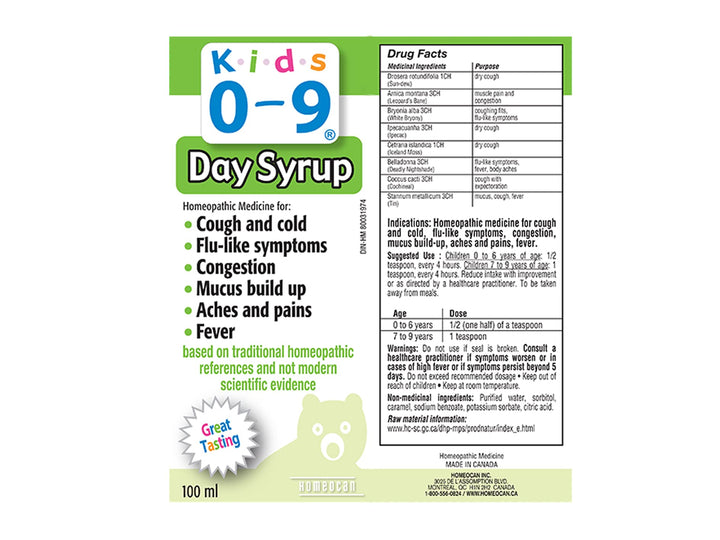 Back label of Homeocan - Kids 0-9 Cough&Cld Syrup,100ml showing product details