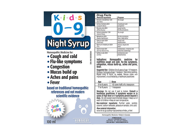 Back label of Homeocan - Kids 0-9 Night Cough&Cld,100ml showing product details