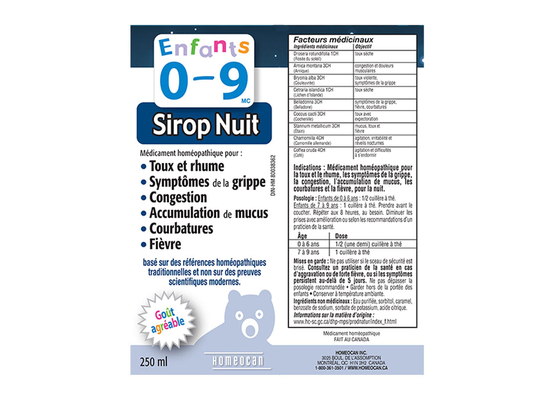 Ingredients list for Homeocan - Kids 0-9 Night Cough&Cld,250ml