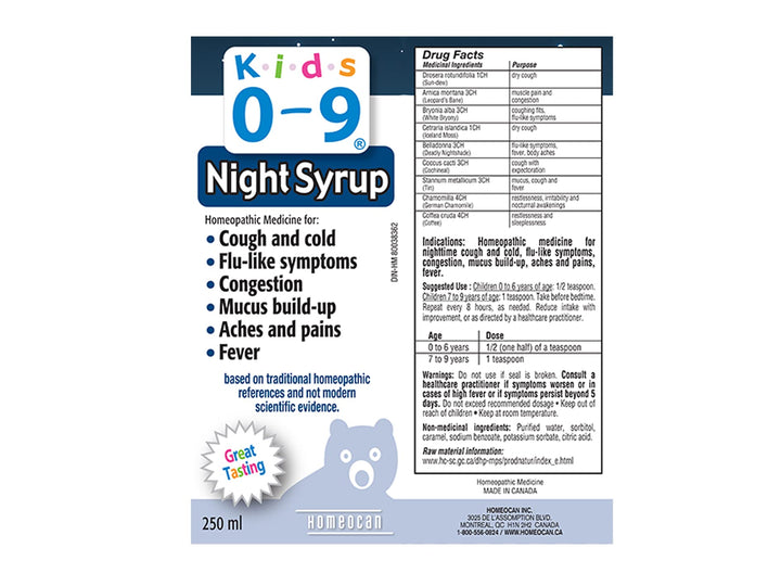Back label of Homeocan - Kids 0-9 Night Cough&Cld,250ml showing product details