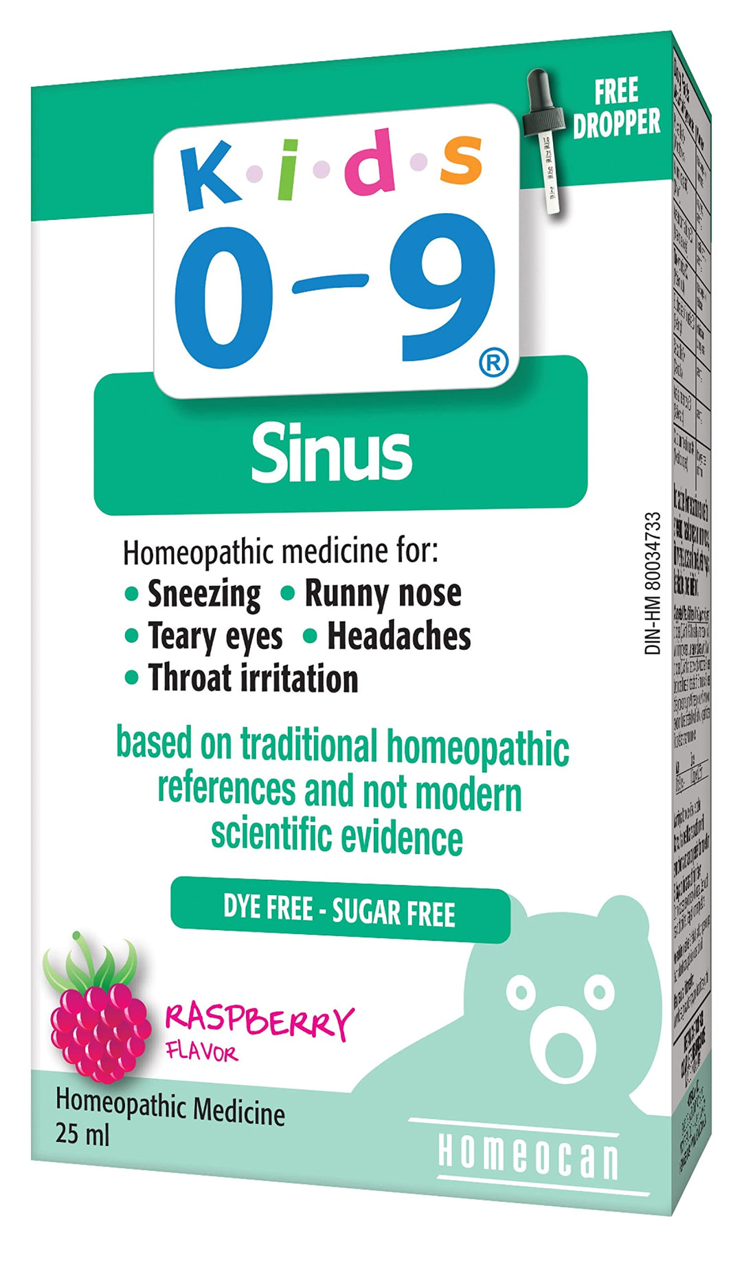 Back label of Homeocan - Kids 0-9 Sinus-All-In-One 25ml showing product details