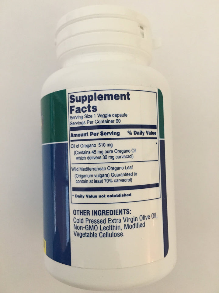 Back label of Sunforce - Oregano Oil (60caps) showing product details