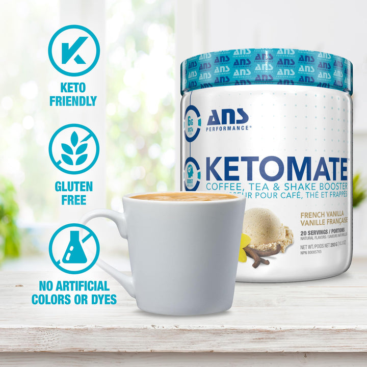 Back label of ANS Performance KETOMATE Creamer - French Vanilla showing product details