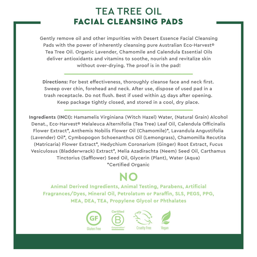 Usage directions for Desert Essence Cleansing Pads With Tea Tree Oil