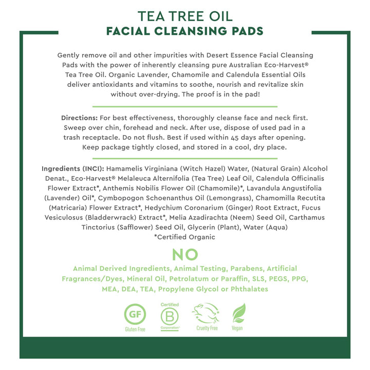Usage directions for Desert Essence Cleansing Pads With Tea Tree Oil