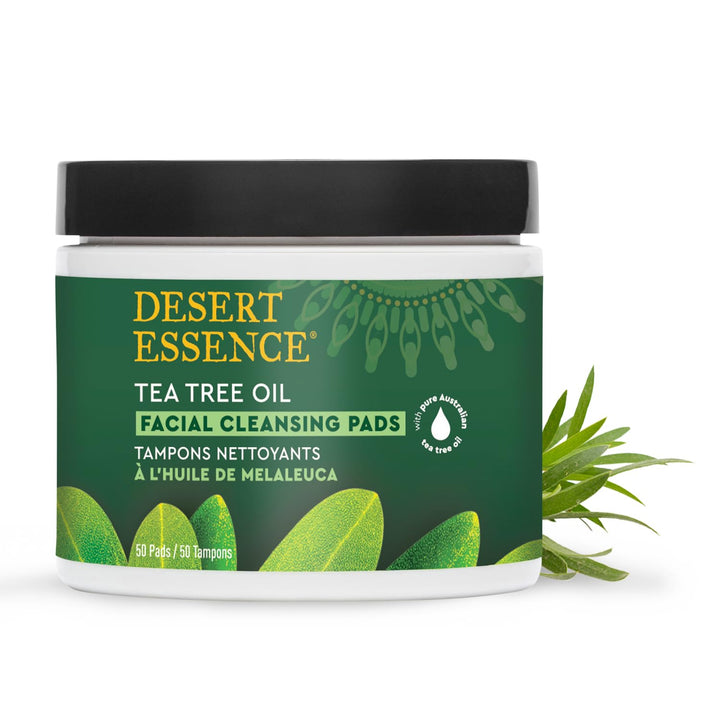 Back label of Desert Essence Cleansing Pads With Tea Tree Oil showing product details