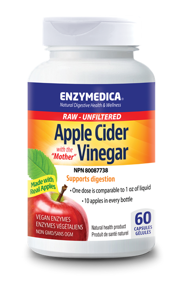 Enzymedica Raw Apple Cider Vinegar w the Mother, 60 caps