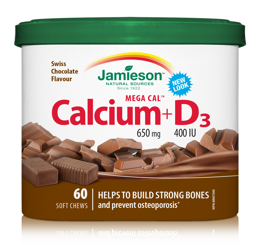 Jamieson MegaCal 650mg + Vit D Soft Chews - Chocolate 60's